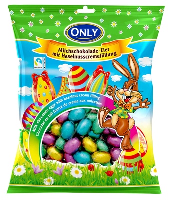 Velikonoční vajíčka z mléčné čokolády plněné lískooříškovým krémem 400g, malé v sáčku