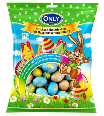 Velikonoční vajíčka z mléčné čokolády plněné lískooříškovým krémem 400g, velké v sáčku