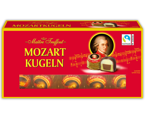 MOZARTKUGELN 200g, pralinky z marcipánu s pistáciovou příchutí, marcipánu a lískooříškového nugátu, celomáčené v mléčné a hořké čokoládě